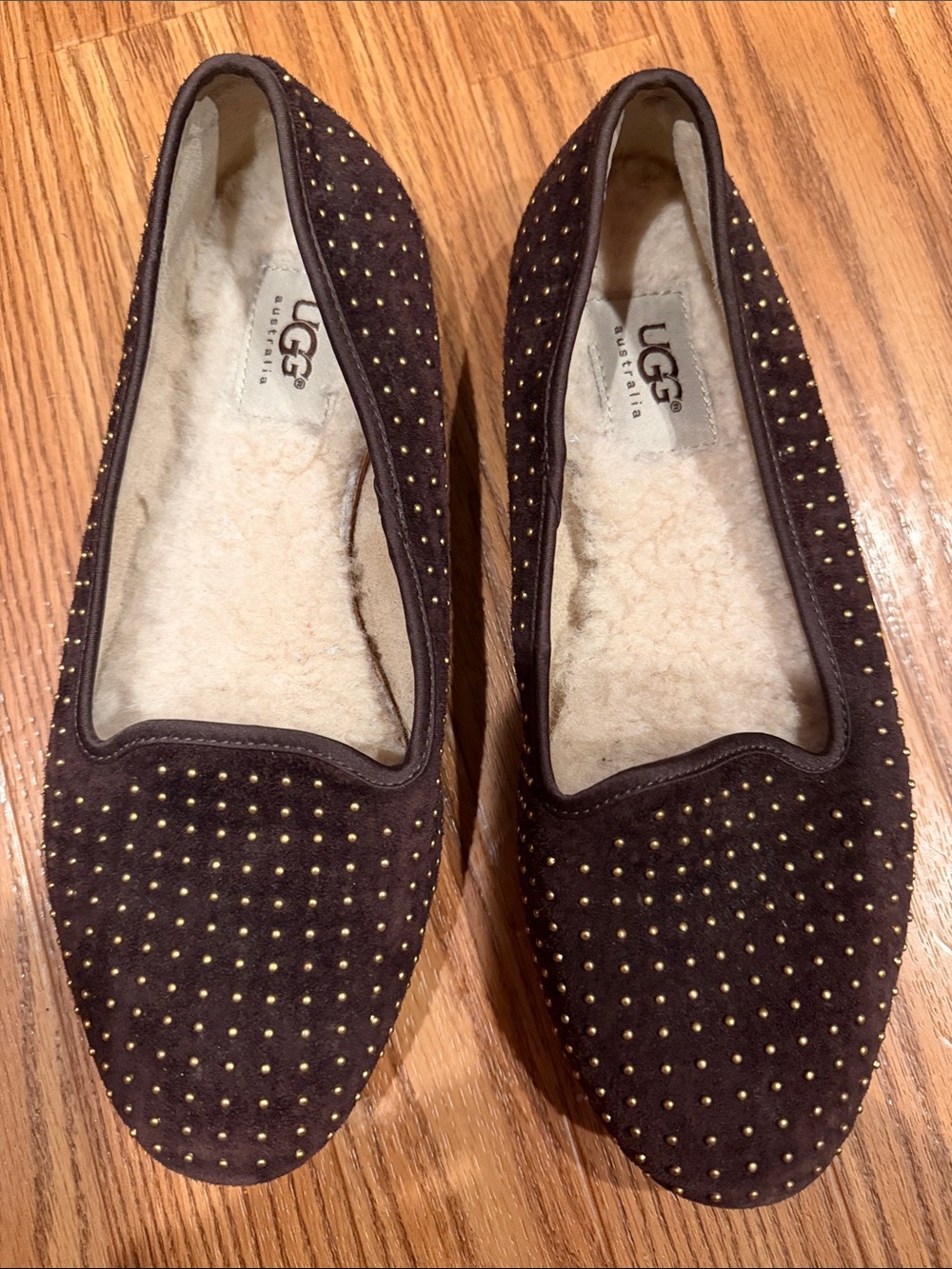 UGG Dark Brown Studded Suede Shearling Slip-Ons